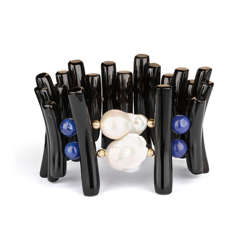Pulsera de cuerno negro natural con zafiros africanos, perlas y bolas de oro - MAMUT JEWELS