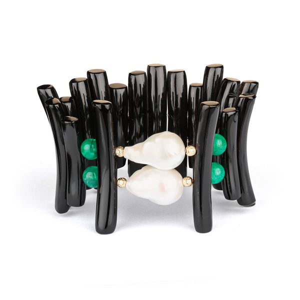 Pulsera de cuerno negro natural con esmeraldas africanas, perlas y bolas de oro - MAMUT JEWELS