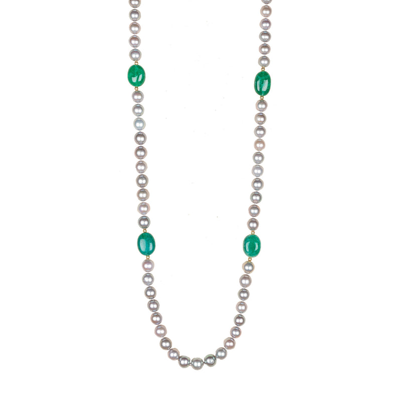 Collar de perlas en color gris combinadas con esmeraldas y motivos en oro - MAMUT JEWELS